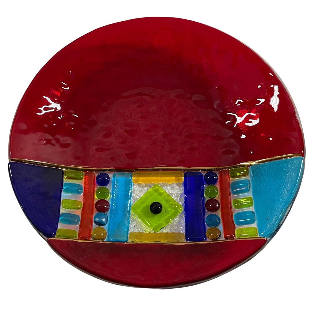 K Hudson Signed Fused Glass Bowl Red Multi Color Geometric Art Glass 7.5 Inch